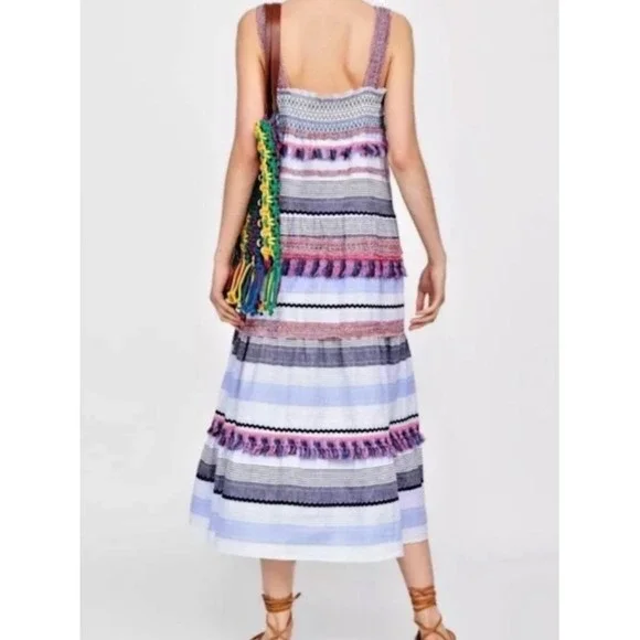 ZARA Boho Smocked Embroidered Midi Dress M Tassel Trim Multicolor Stripe Resort - Picture 3 of 16